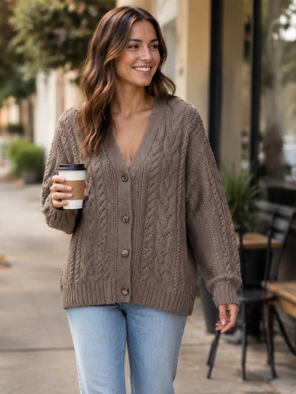 QUINCE 100% Organic Cotton Brown Cable-knit Sweater M - Oversized
